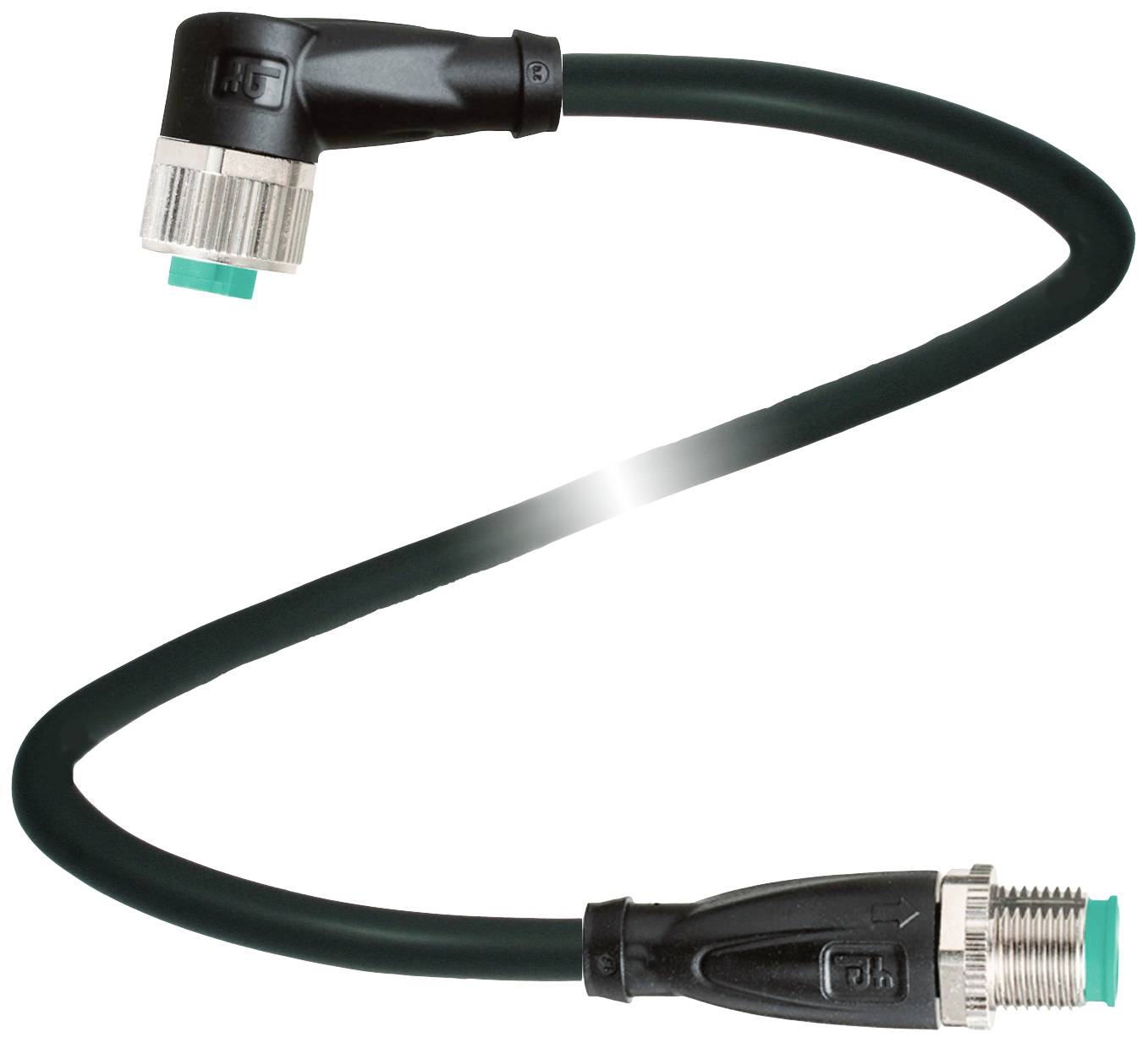 Crni M8 kutni kabel s pravim i 90-stupanjskim priključkom, korišten za industrijsku tehniku spajanja.