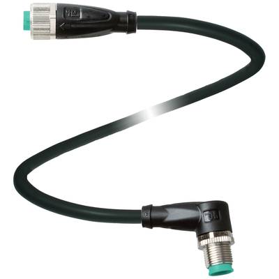 Crni, fleksibilni kabel s kutnim konektorima na oba kraja, pogodan za industrijske primjene.