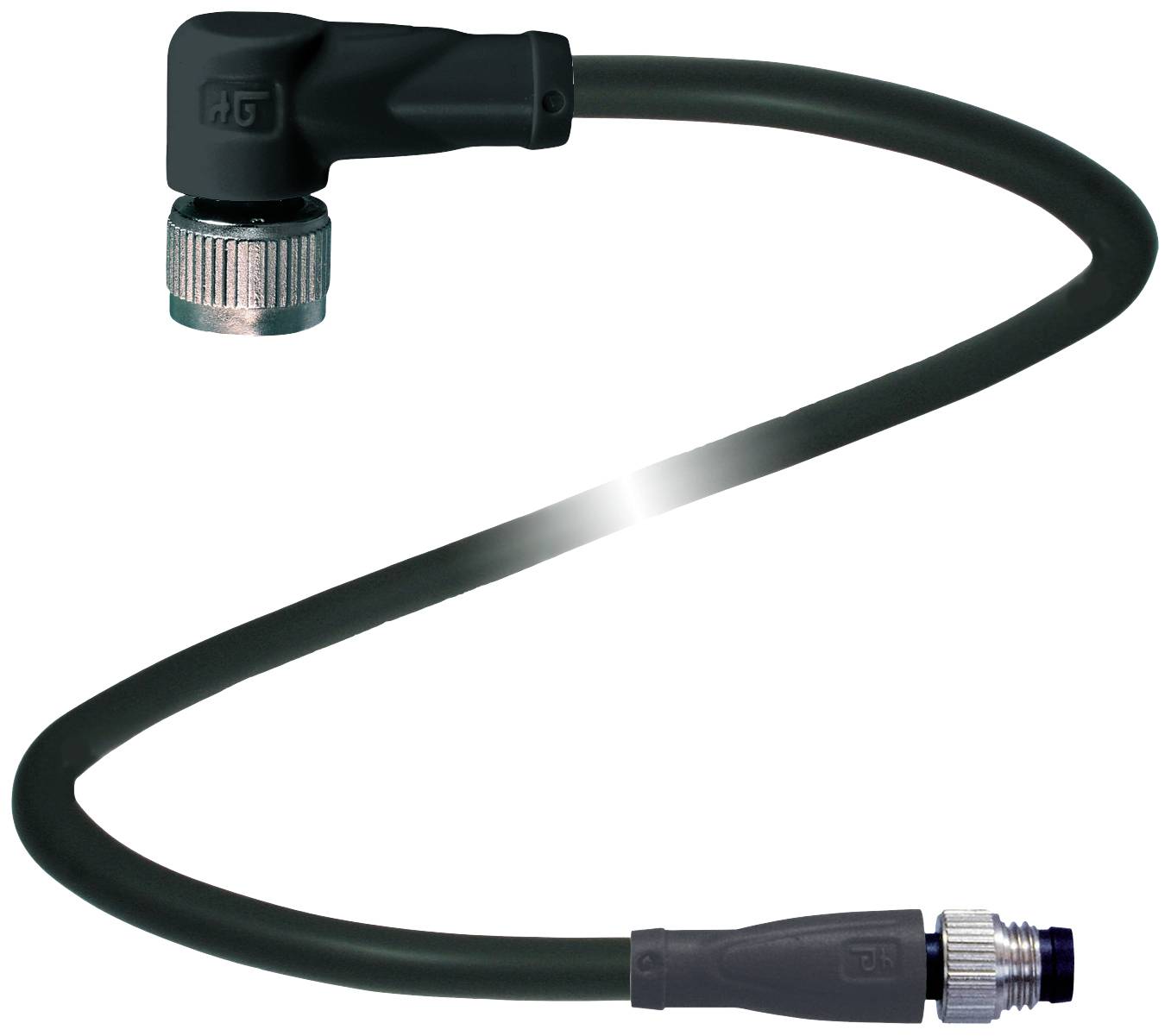 Crni kabel s dva priključka na kraju; jedan under kutom, drugi ravan. Pogodan za tehnološke primjene ili spajanje uređaja.