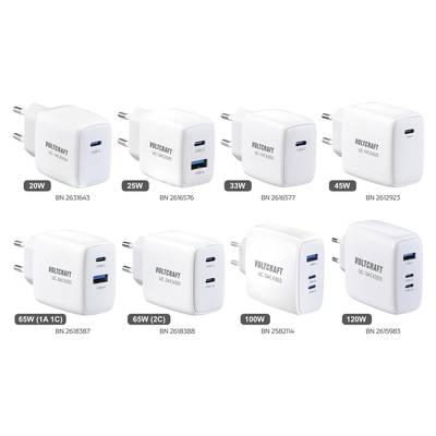 Osam različitih bijelih USB punjača, svaki označen snagom i brojem modela, od 20W do 120W.
