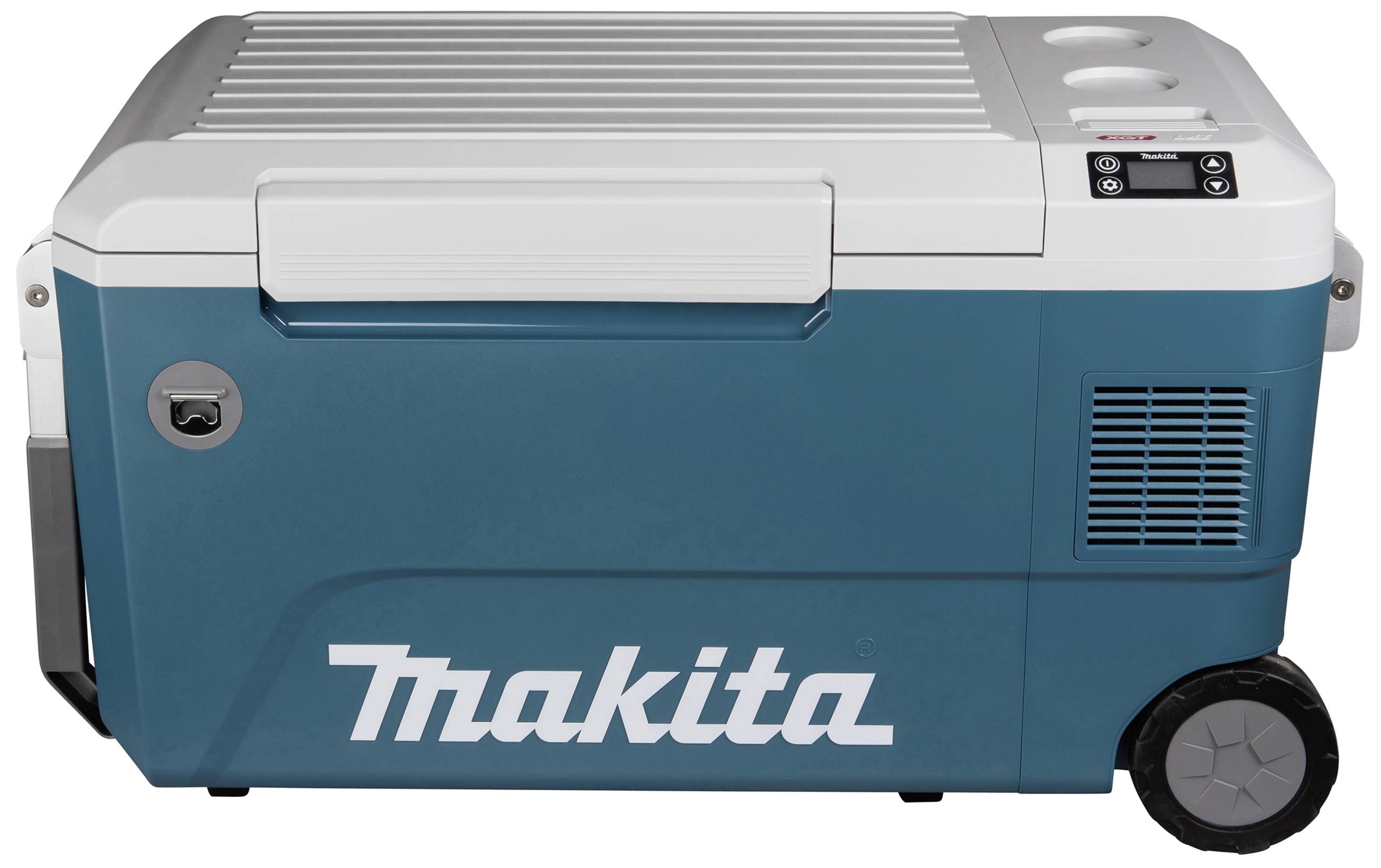 Hladnjak s Makita logotipom i kotačima, tamno plav s bijelim poklopcem, integrirani upravljački panel i držač čaše na poklopcu.