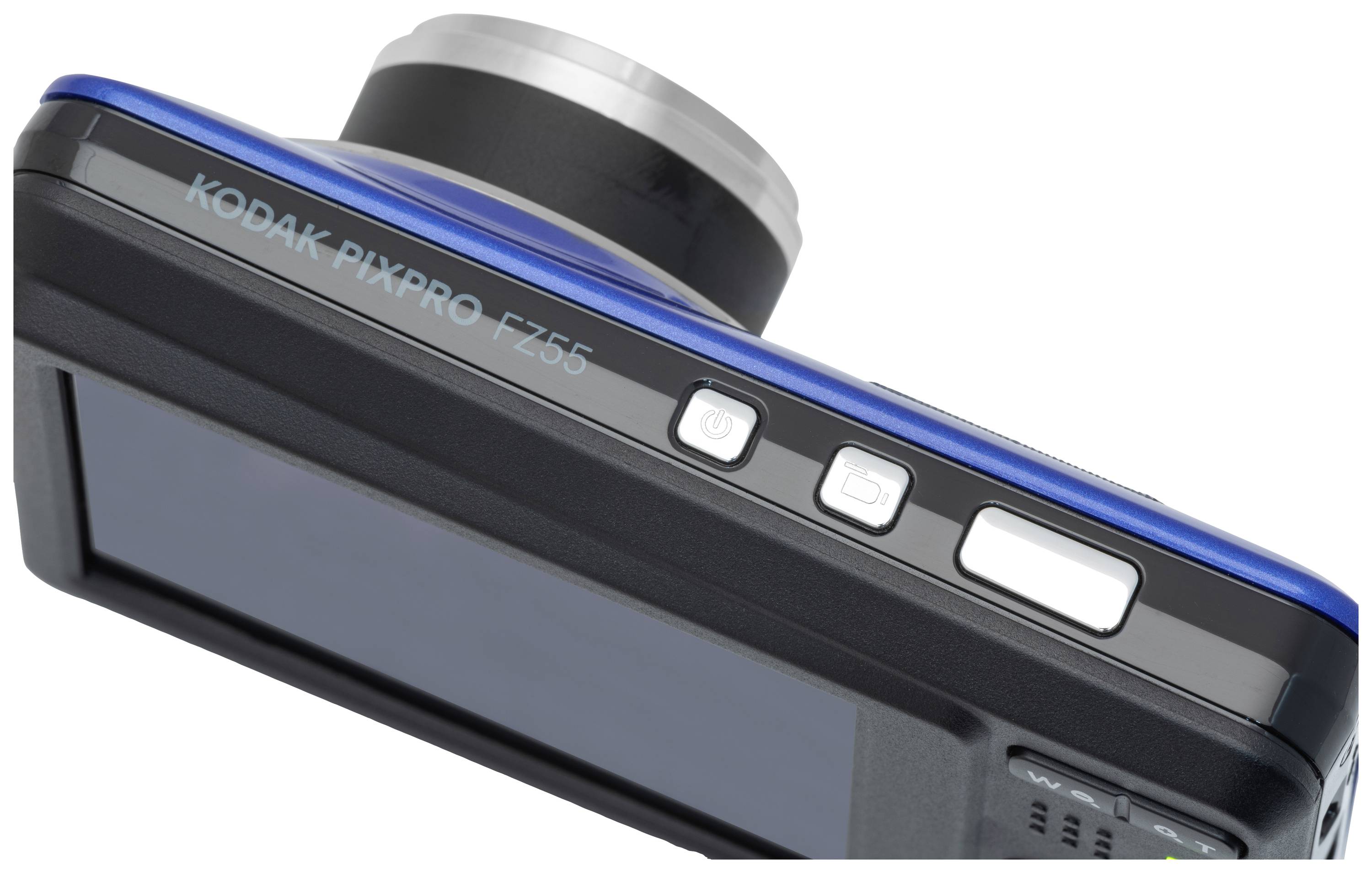 Digitalni fotoaparat 'Kodak Pixpro FZ55' u plavoj boji. Pogled straga s prikazom zaslona i upravljačkih elemenata.