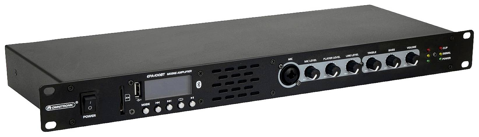 Crni audio pojačalo uređaj s više kontrolnih gumba i USB priključcima, pogodan za ugradnju u rack sustav.