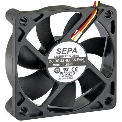 Crni, kvadratni istosmjerni ventilator (model PLB60B) sa šest rotorskih lopatica, proizveden u Kini.