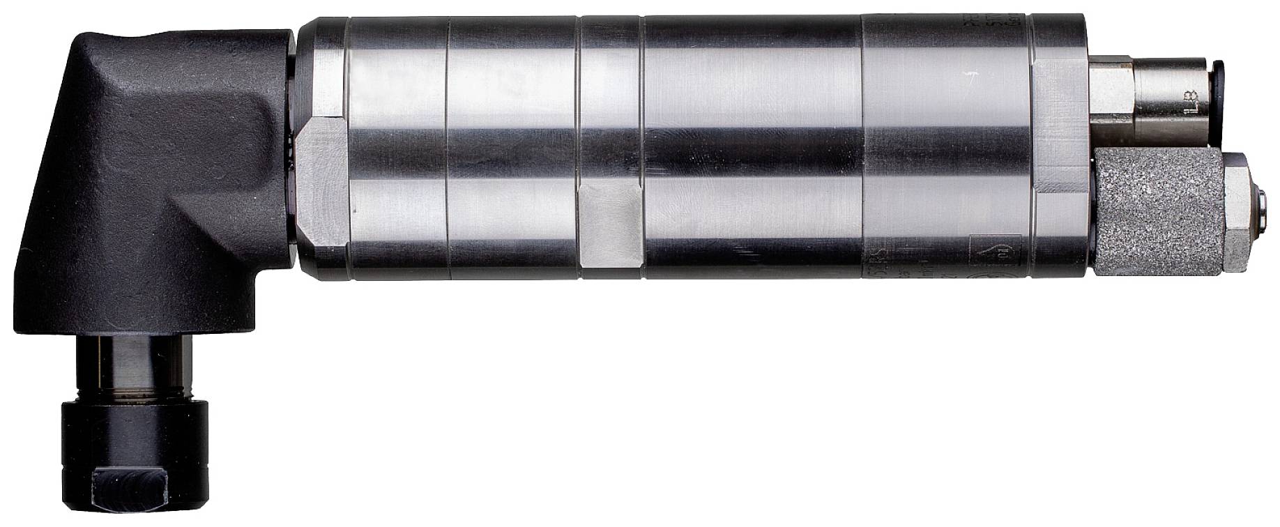 Metalni kutni utikač s cilindričkim tijelom i crnim priključkom, pogodan za industrijske primjene.