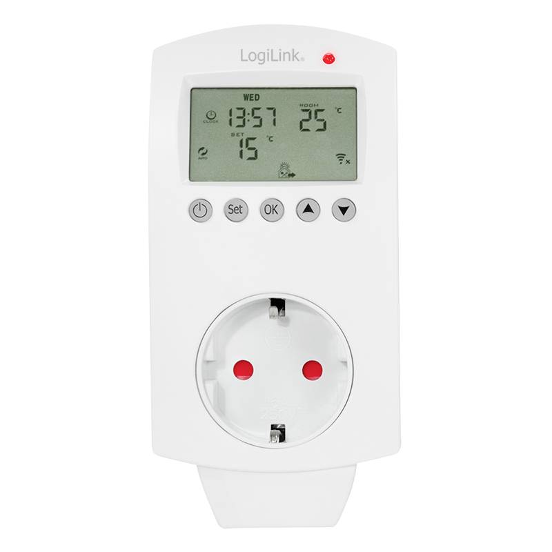 Elektronička programska utičnica s digitalnim zaslonom, prikazuje vrijeme, temperaturu i utičnicu, pogodna za vremensko upravljanje uređajima.
