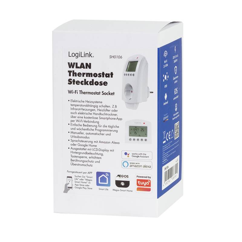 Pakiranje WLAN termostata utičnice od LogiLink-a, model SH0106. Podržava upravljanje putem aplikacije, kompatibilno s Amazon Alexom.