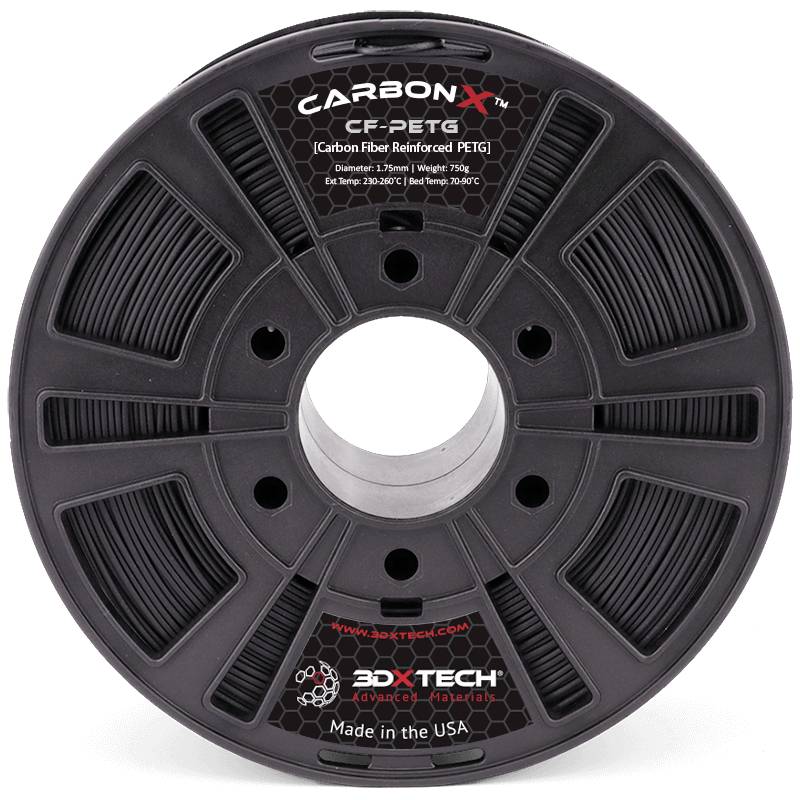 Crna špula s natpisom 'CarbonX' sadrži CF-PETG filament. Detalji: promjer 1,75 mm, masa 750 g, temperatura tiskanja 230-270°C.