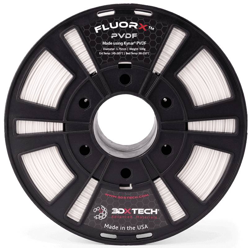 3D-tiskarsko filament na kalupu, marka 'FluorX PVDF' od 3DXTECH, proizvedeno u SAD-u. Promjer filamenta: 1,75 mm, težina: 500 g. Raspon temperature: 240-265°C.