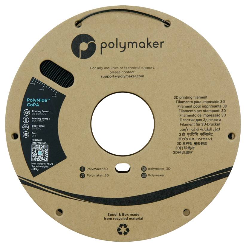 Etiketa zavojnice filament za 3D pisač Polymaker za PolyMide CoPA, prikazuje naziv proizvoda, e-mail podrške, postavke ispisa i napomenu o pakiranju od recikliranog materijala.