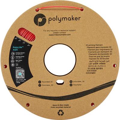 Okruga svitka crvenog 3D-pisačkog filamenta marke 'Polymaker'. Sadrži kontaktne podatke i informacije o proizvodu na engleskom jeziku.