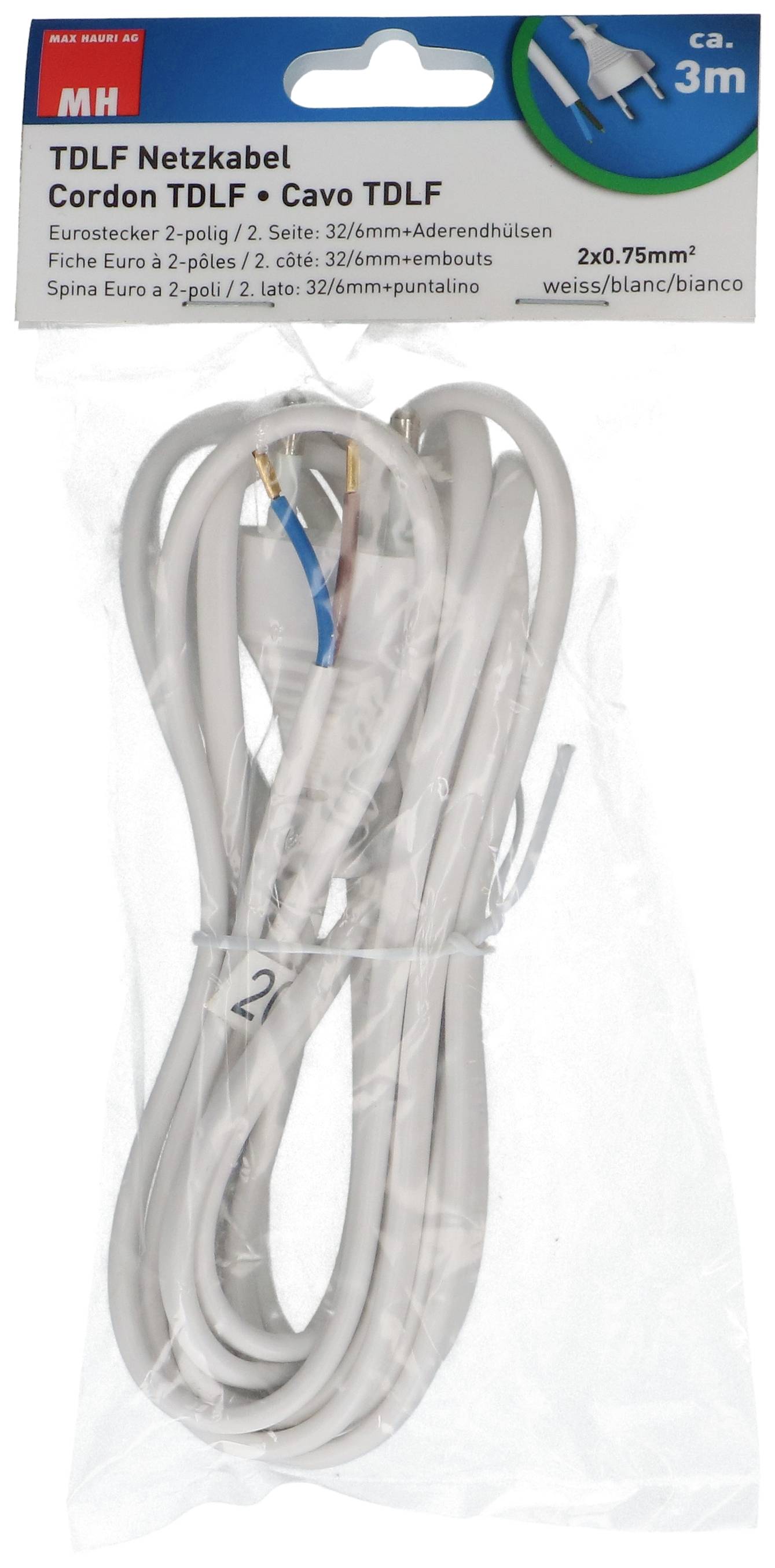 Pakirani TDLF mrežni kabel, 3 metra, Euro utikač 2-polni, 2x0,75mm², u bijeloj boji.