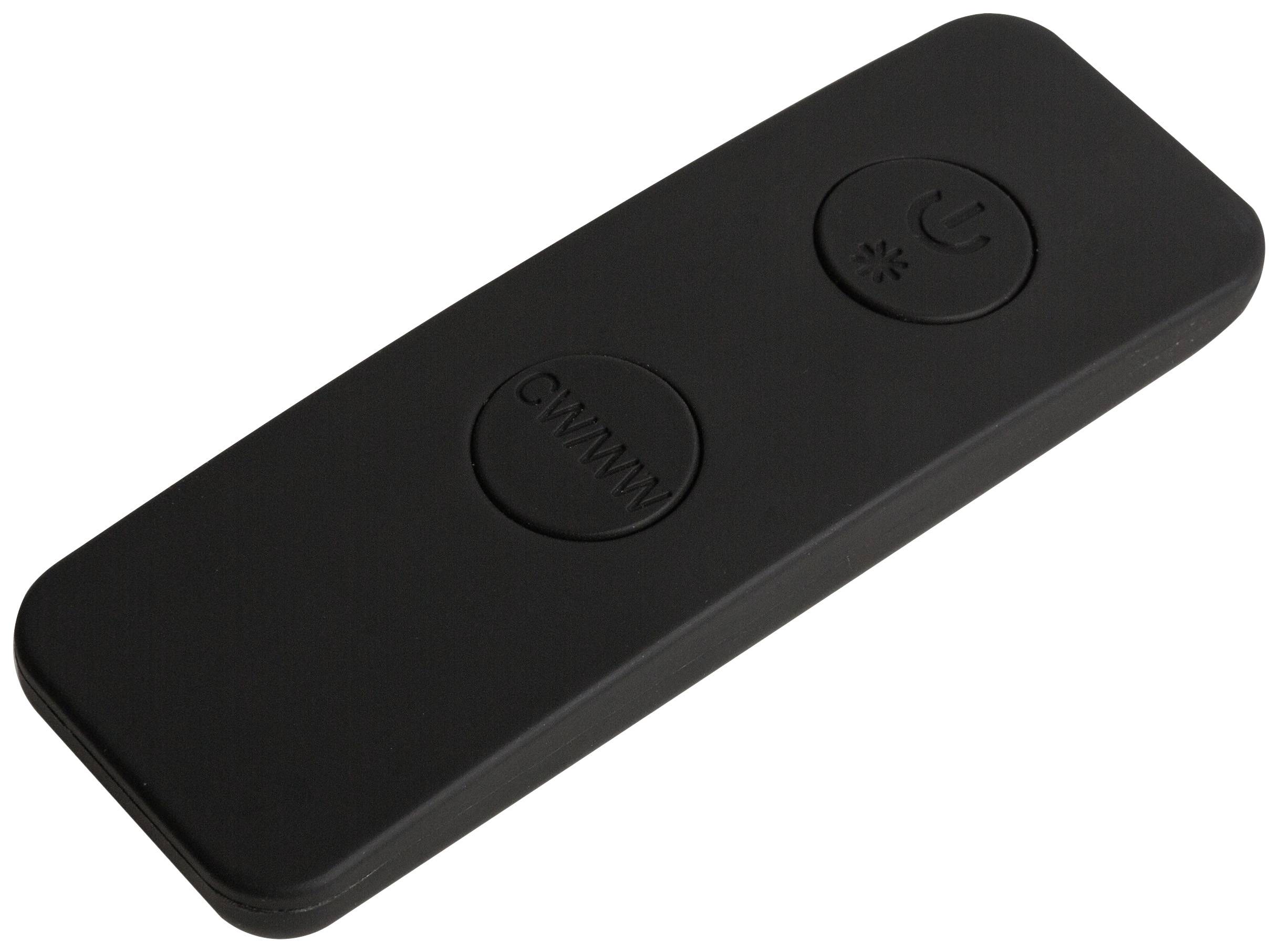 Crna daljinska upravljač s dva gumba: simbol uključivanja/isključivanja gore, 'CW/WW' ispod.