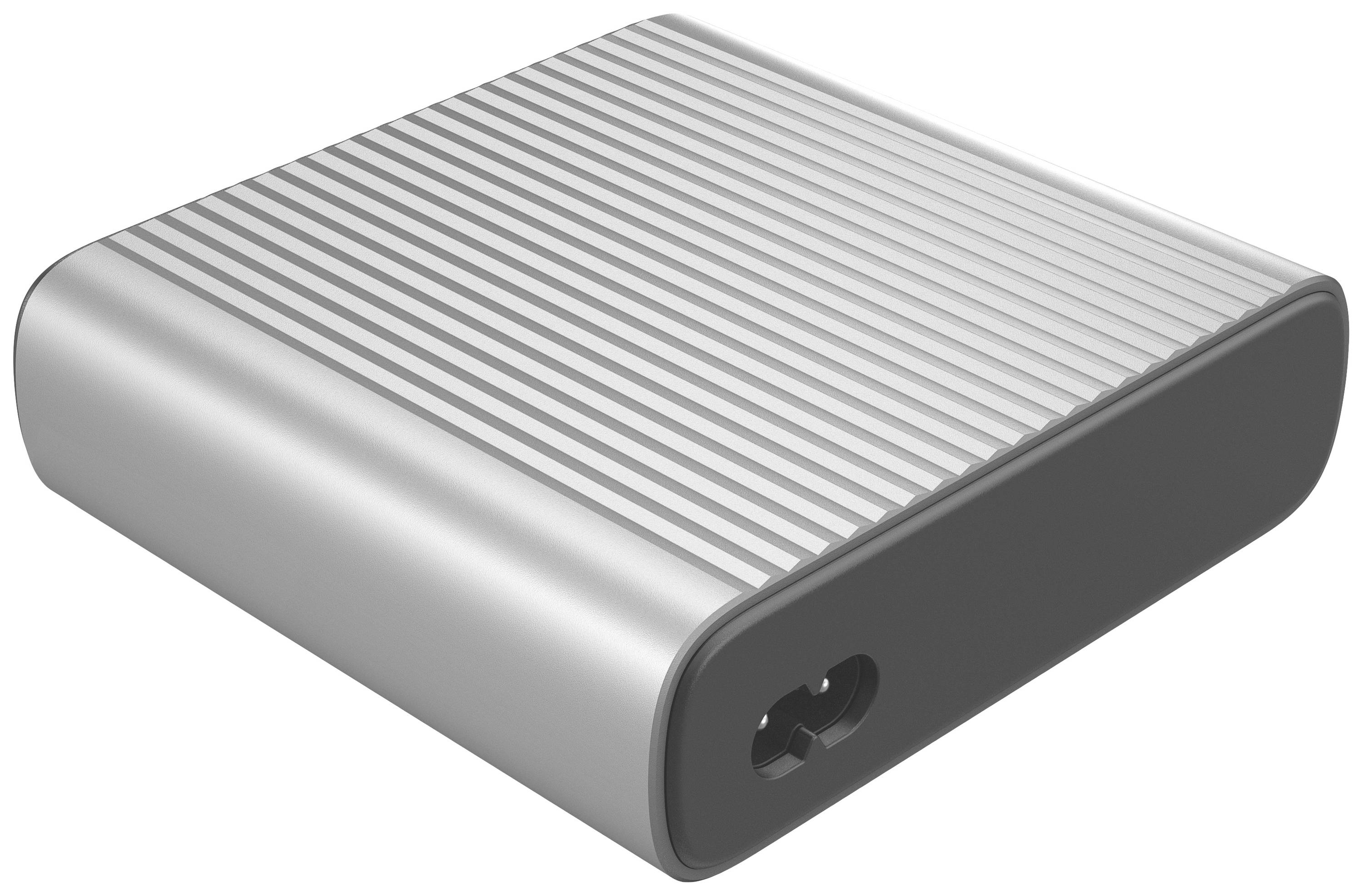 Srebrni vanjski tvrdi disk s prugastom površinom, kompaktan i pravokutan, s USB priključkom sa strane.