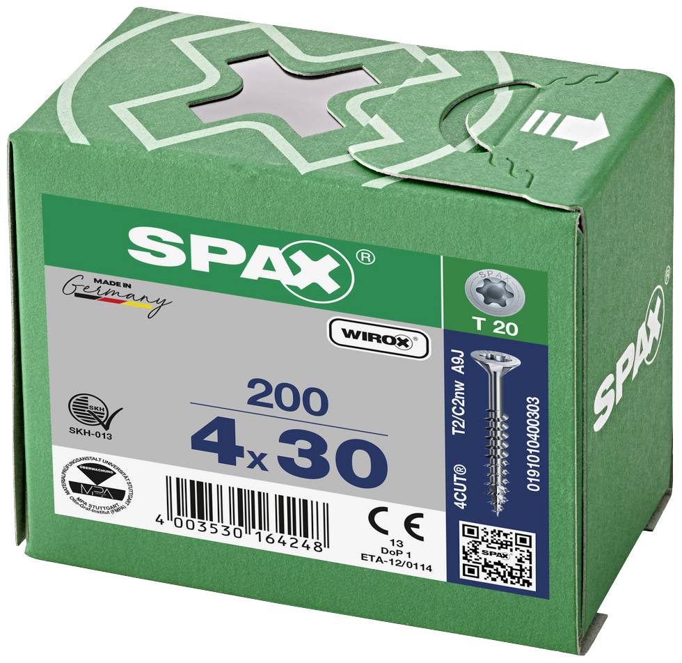 'SPAX Wirox vijci 4x30, 200 komada u zelenoj kutiji, Made in Germany. T20 pogon, TX-glava lećastog upuštenog vijka, 4CUT, pogodan za upotrebu u drvnoj gradnji.'