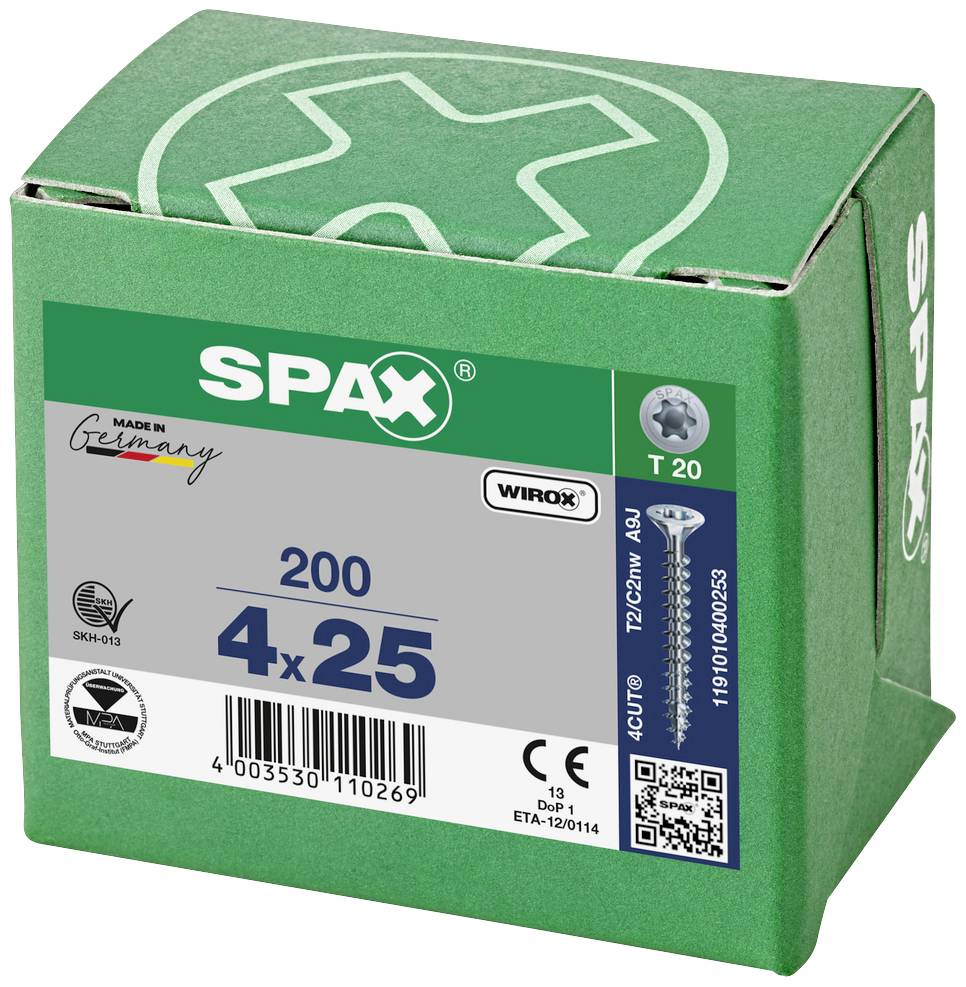 Zelena ambalaža SPAX vijaka, 4x25 mm, 200 komada, T 20 Torx, Wirox prevučeni, s natpisom 'Made in Germany'.