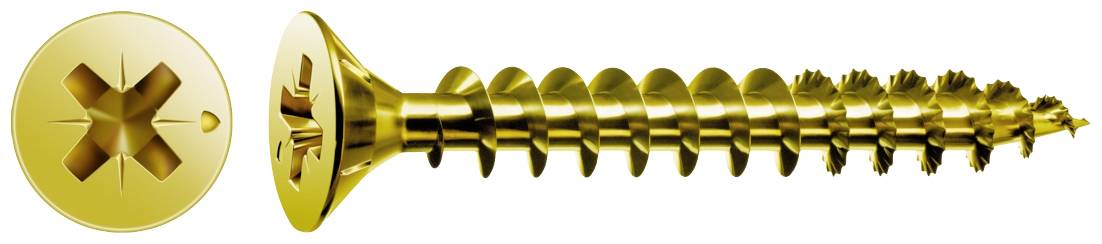 Zlatna križna vijak u Close-up pogledu, horizontalno postavljena. Lijevo je prikaz glave vijka.
