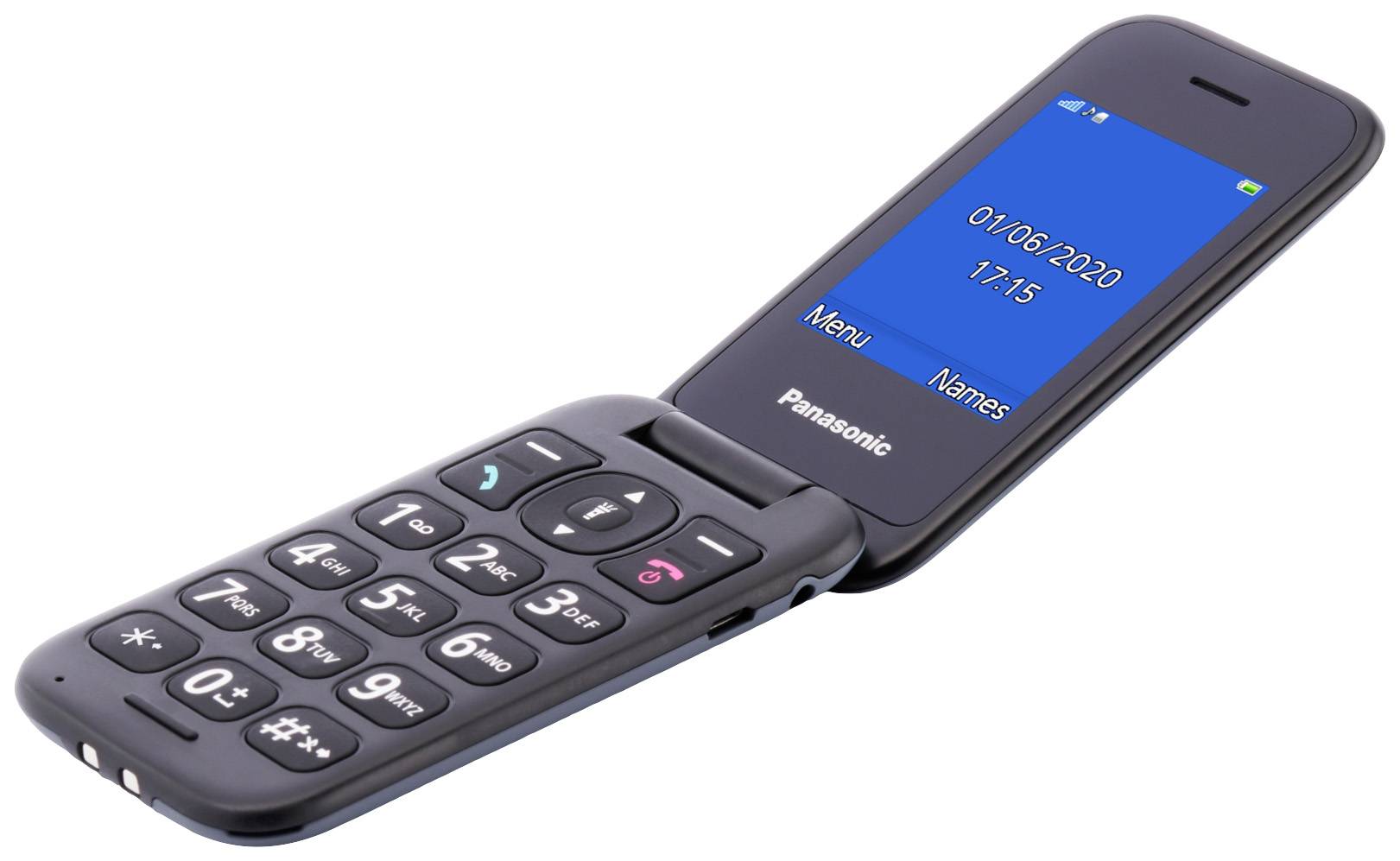 Preklopni mobitel s velikim tipkama i plavim zaslonom. Na zaslonu piše '01/06/2020' i '17:15'. Naziv marke na dnu.