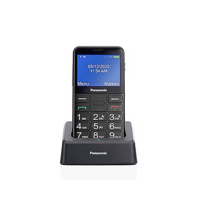 Jednostavni mobilni telefon marke Panasonic na stanici za punjenje, zaslon prikazuje datum i vrijeme: '05/12/2020 11:54'