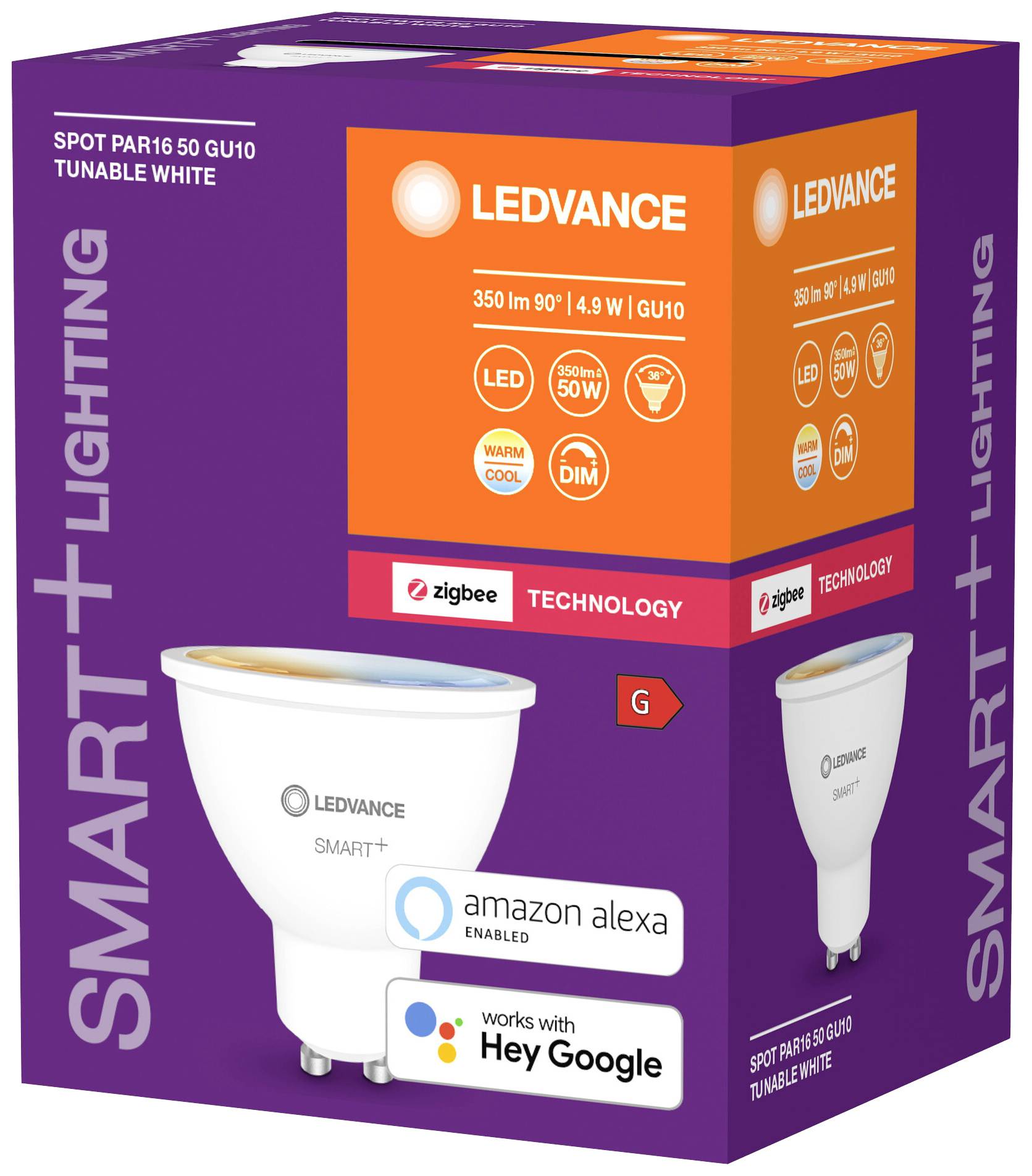 Ambalaža LEDVANCE SMART+ LED žarulje s Zigbee tehnologijom. Kompatibilno s Amazon Alexom i Google Assistantom. GU10, promjenjiva bijela boja.