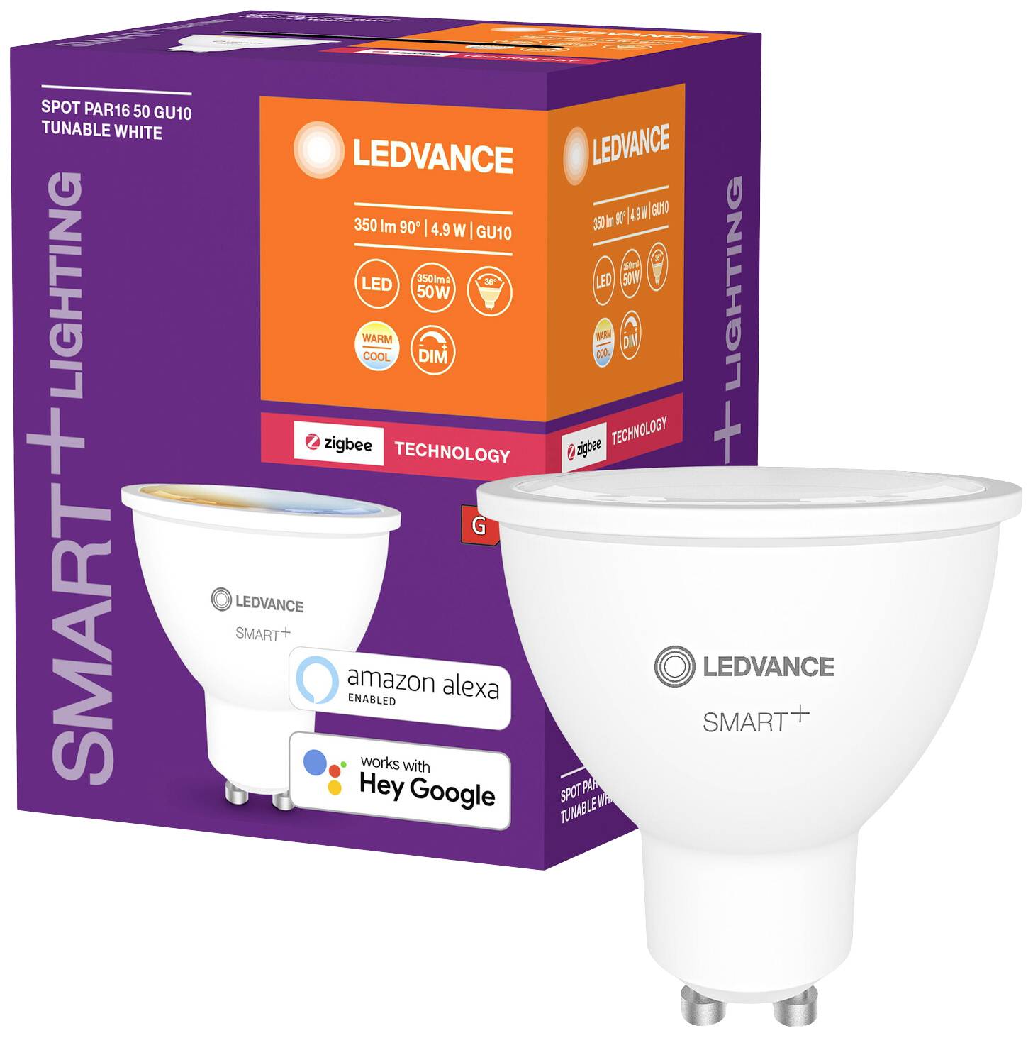 LEDVANCE Smart+ LED reflektorska žarulja u bijeloj ambalaži. Kompatibilna s Alexom i Google Assistant-om putem Zigbee tehnologije. 4,9 W, podložna prigušivanju.