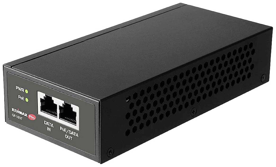 Crni mrežni PoE injektor s dva Ethernet porta i LED indikatorima za napajanje i PoE povezivanje.