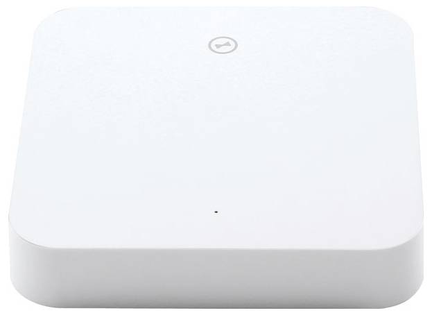 Bijeli, kvadratni elektronički uređaj minimalnog dizajna s malenom ikonom u gornjem središnjem dijelu.