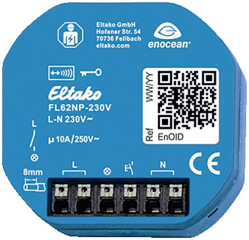 Eltako relejski modul plavi, model FL62NP-230V, s EnOcean tehnologijom, QR kodom i priključnim stezaljkama za električnu instalaciju.