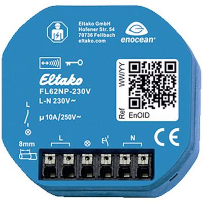 Eltako relejski modul plavi, model FL62NP-230V, s EnOcean tehnologijom, QR kodom i priključnim stezaljkama za električnu instalaciju.