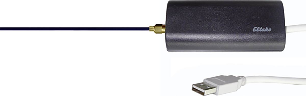 Crna antena s USB priključkom i zlatnim učvršćenjem. Natpis 'Eltako' na kućištu.