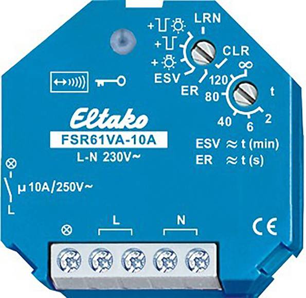 Plavi relealni modul s natpisom 'Eltako FSR61VA-10A'. Prikazuje simbole i okretne regulatore za vremensko i funkcionalno upravljanje.