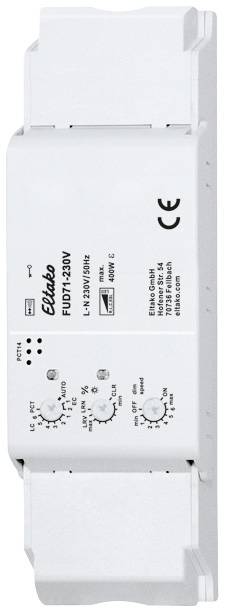 Bijeli električni relejni modul s natpisom 'Eltako'. Ima nekoliko regulatora i priključaka na prednjoj strani. Pogodan za ugradnju na DIN šinu.