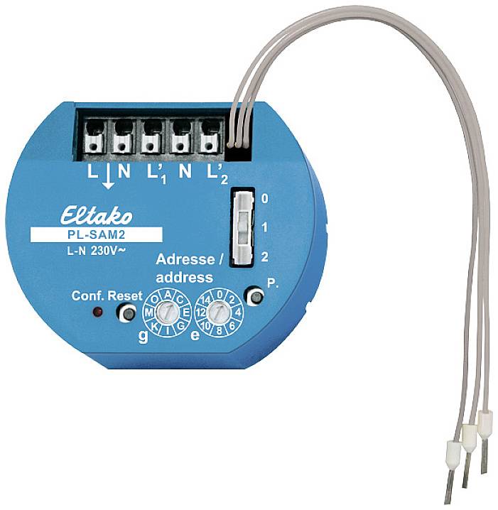 Plavi Eltako PL-SAM2 adapter utičnice s postavkom adrese, pet priključaka i tipkama za konfiguraciju, za struju od 230V.