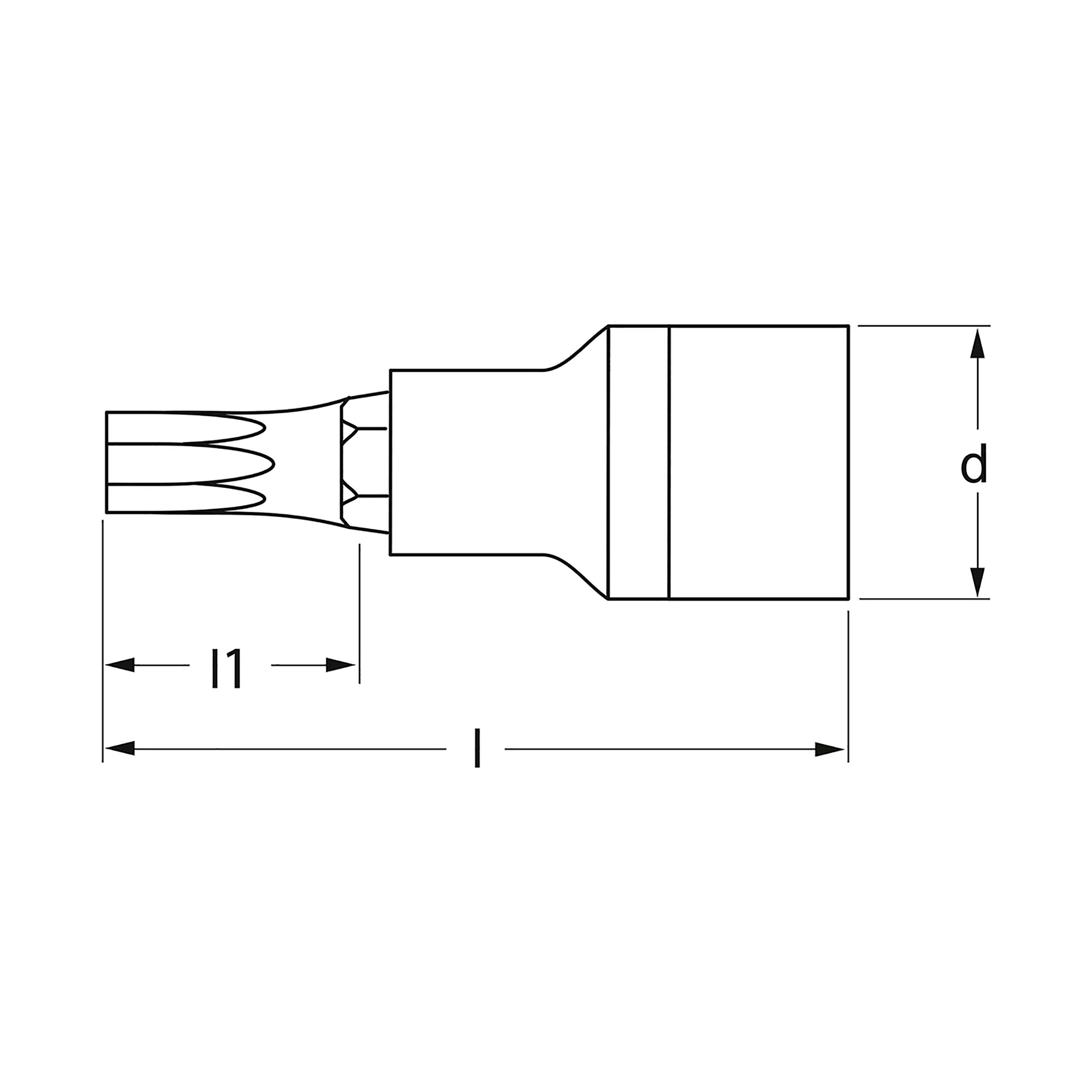 Tehnički nacrt alata s Torx nasadnim ključem. Naznačene su mjere 'l', 'l1' i 'd'. Crno-bijeli prikaz, bez dimenzija.