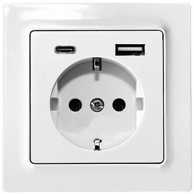 Bijela utičnica s integriranim USB-A i USB-C priključcima.