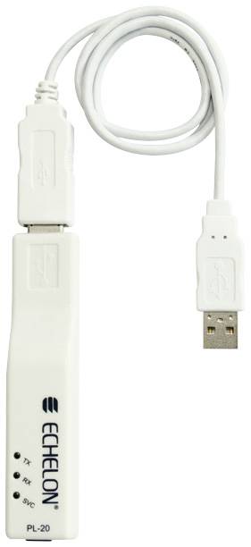 USB adapter s kabelom, bijeli, s natpisom 'Echelon PL-20'.