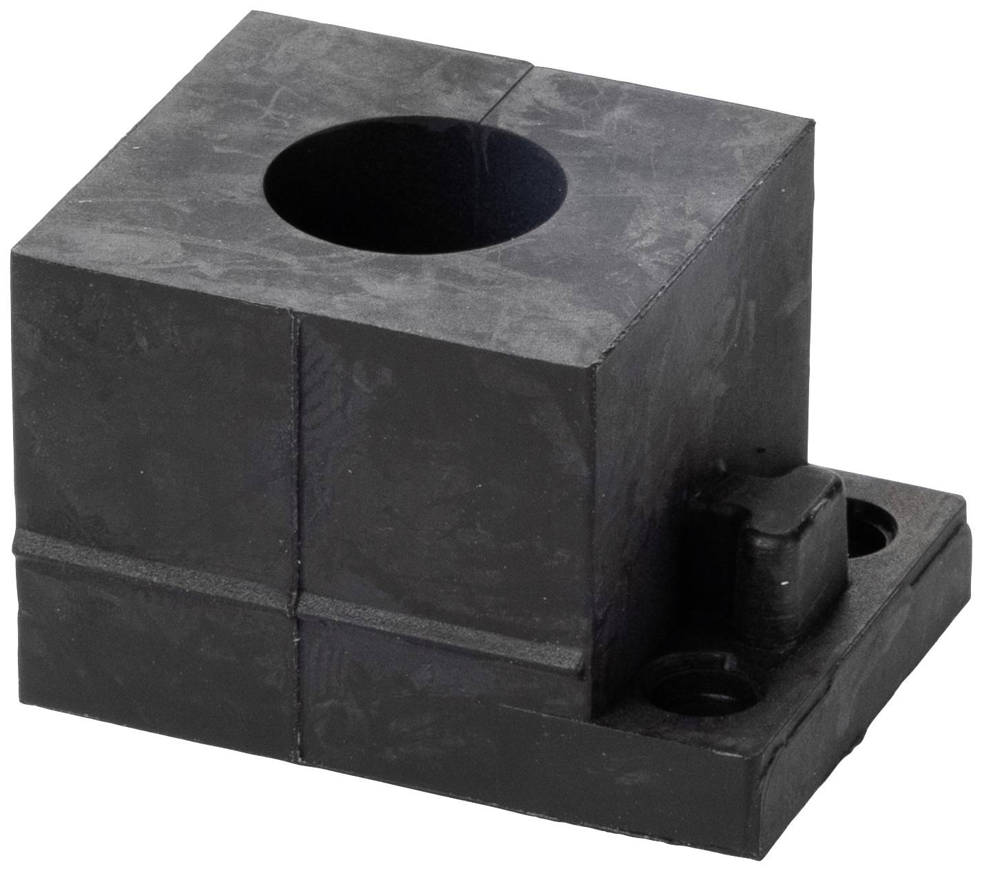 Crni plastični kvadratni blok s okruglom rupom u sredini i dvije rupe za učvršćivanje sa strane.