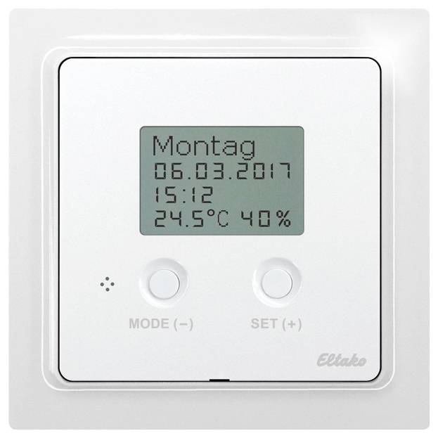 Digitalni zidni termostat prikazuje 'Ponedjeljak, 06.03.2017., 15:12, 24,5°C, 40%'. Ispod su dvije tipke 'MODE' i 'SET'.