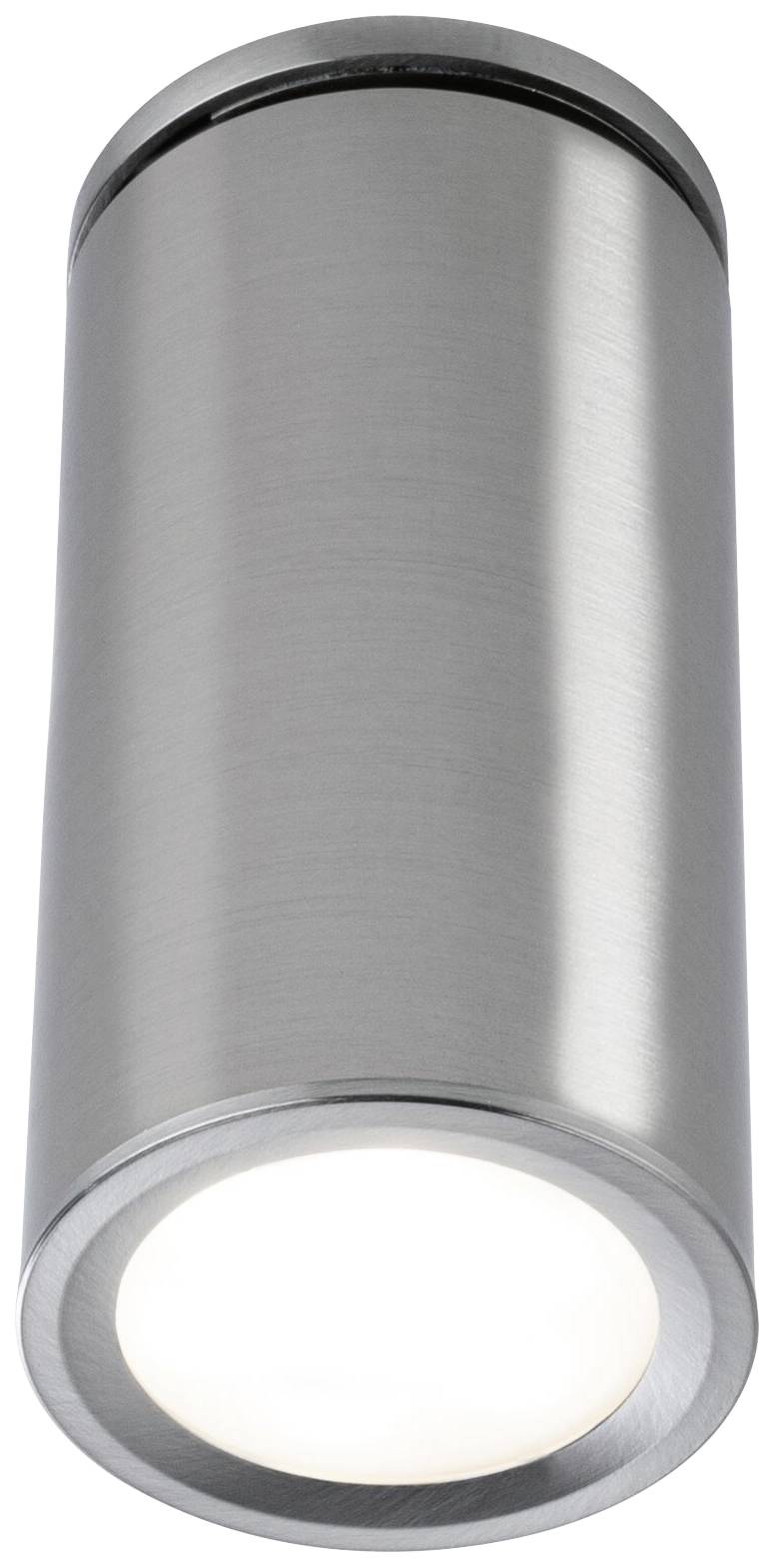 Cilindrično metalsko kućište stropa za rasvjetu s brušenom površinom i okruglom LED svjetiljkom na donjoj strani.