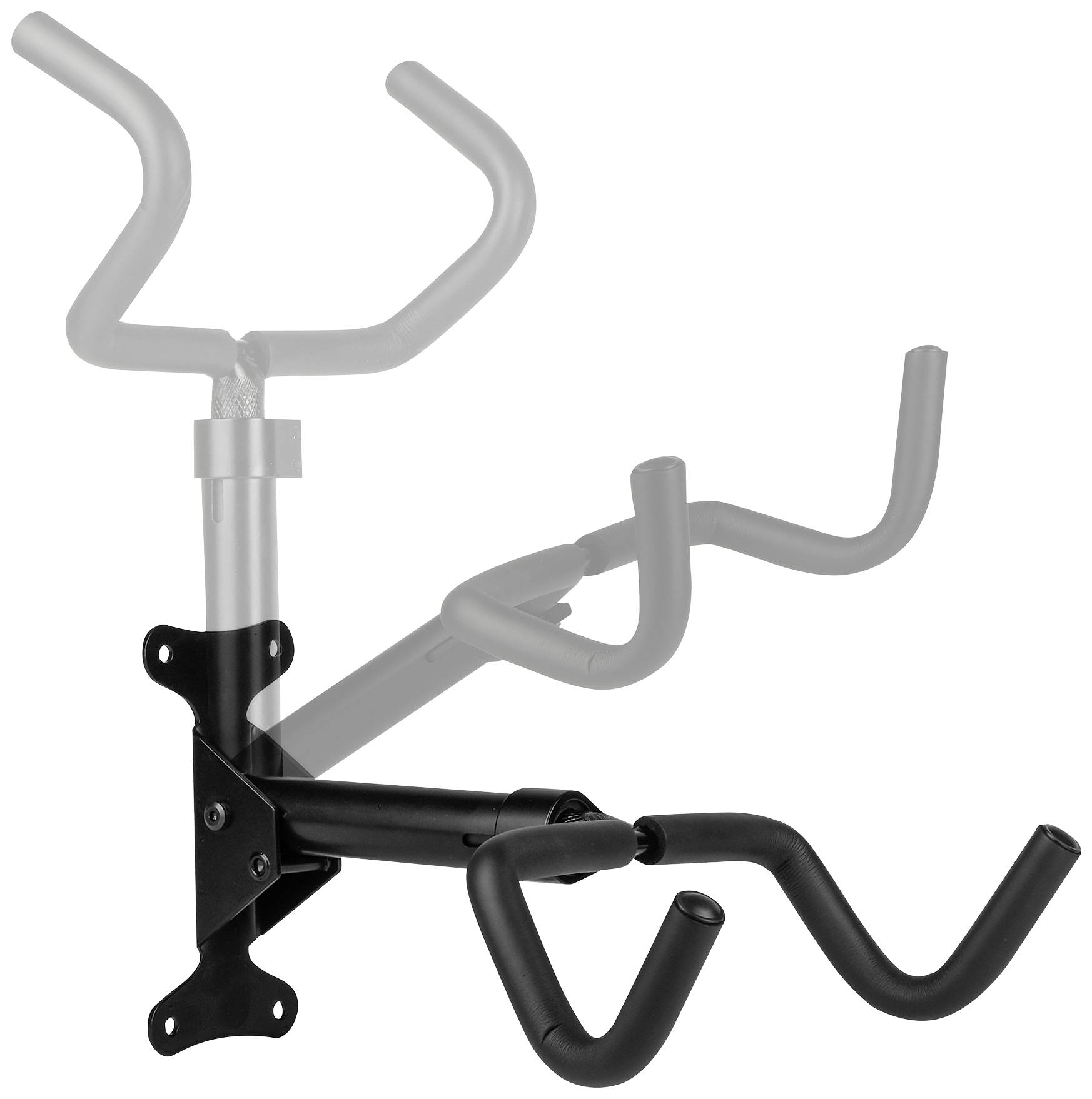 Zidni nosač sklopivog bicikla koji se može okretati. Prikazuje dvije pozicije: sklopljen i rasklopljen za štednju prostora.