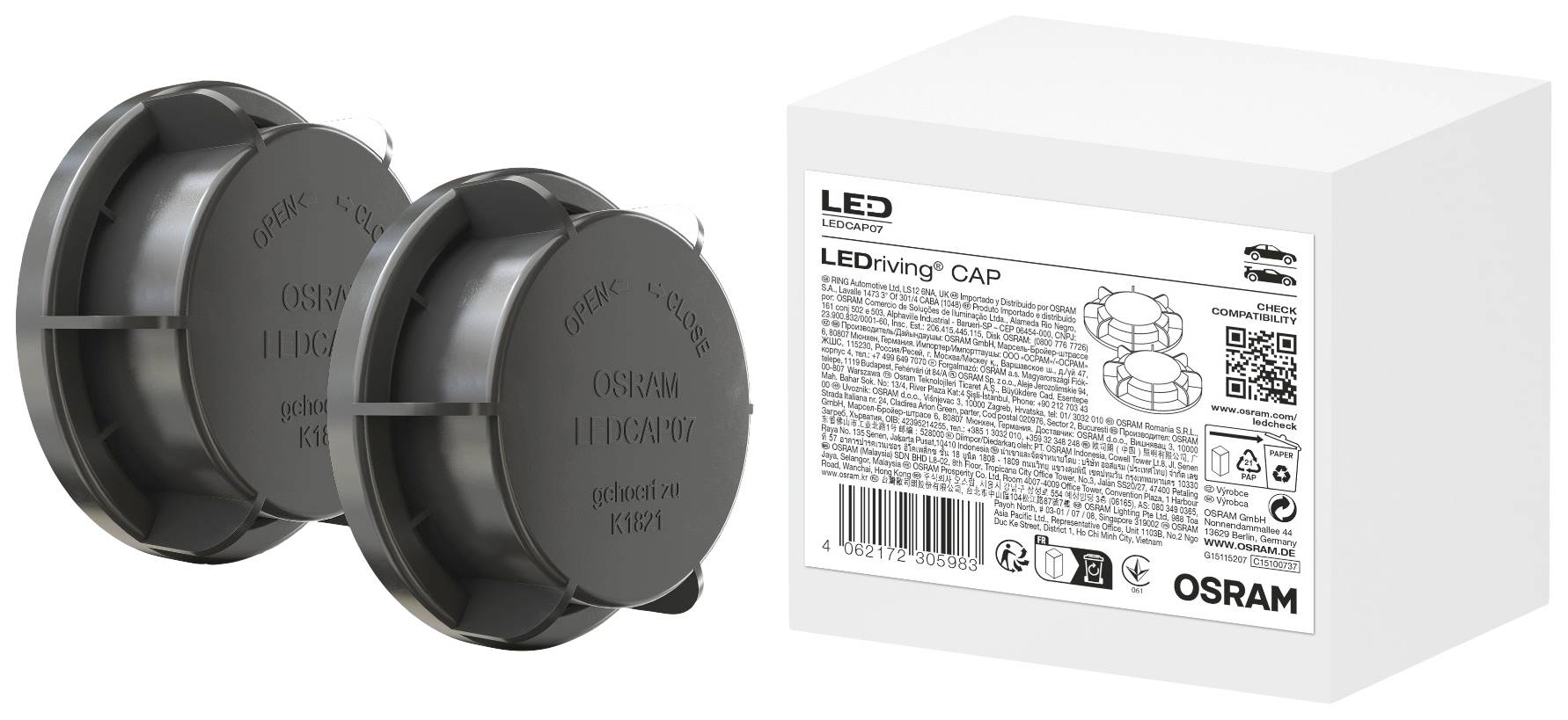 'LEDambient LEDcap hladno svjetlo' od OSRAM-a, dvije okrugle LED-lampice s ambalažom. Ambalaža prikazuje informacije i QR-kodove.