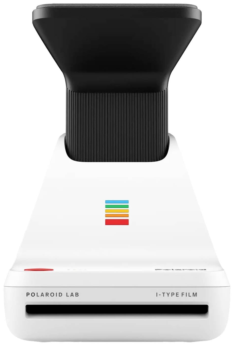 Bijeli Polaroid uređaj s crnim gornjim dijelom. Ima Polaroid logo i pogodan je za I-Type film.