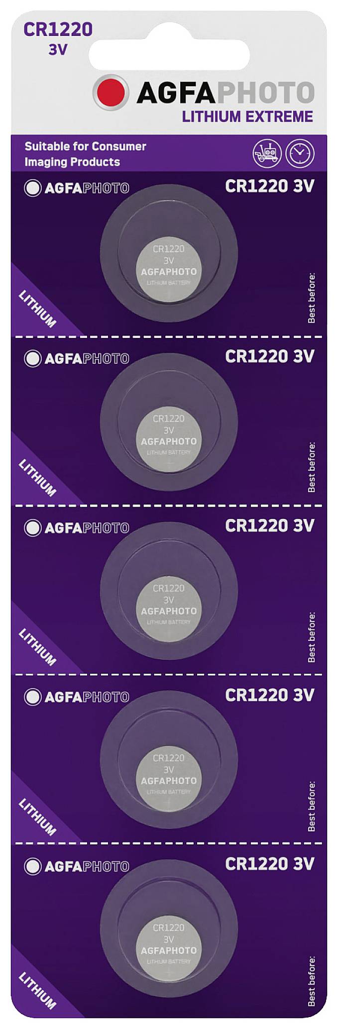 Paket s pet AGFAPHOTO litijskih CR1220 baterija, 3V, za potrošačke proizvode. Ljubičasta pozadina, bijeli tekst.