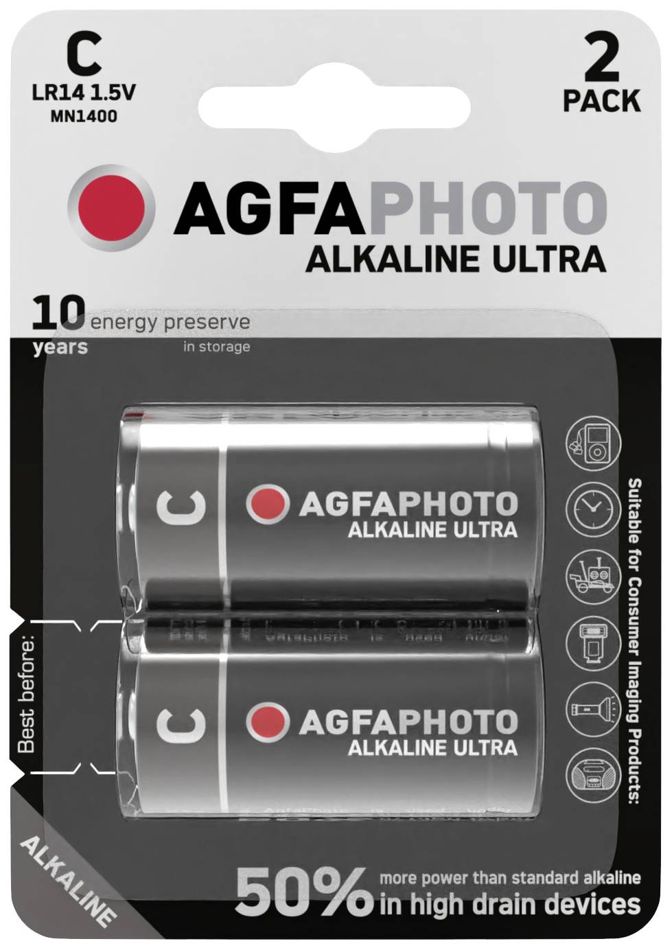 AGFAPHOTO Alkalne Ultra baterije, C tip, paket od 2 komada. Istaknute značajke: 10 godina trajnosti, 50% više snage, pogodne za uređaje visokih performansi.