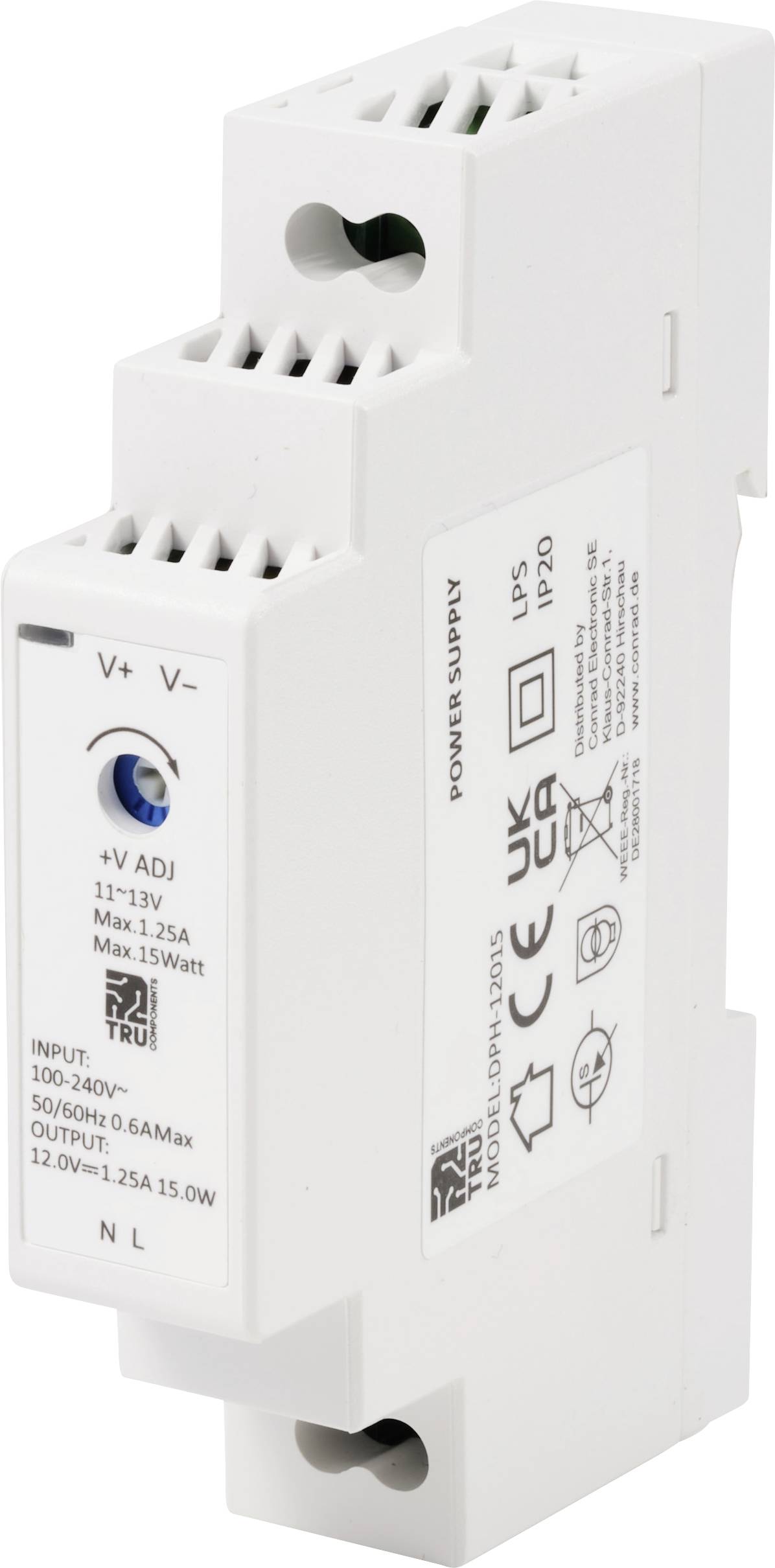 Bijeli mrežni adapter s naznačenim specifikacijama proizvođača i modela na prednjoj strani. Prikazuje ulaz (100-240V) i izlaz (12V maks. 1,25A).