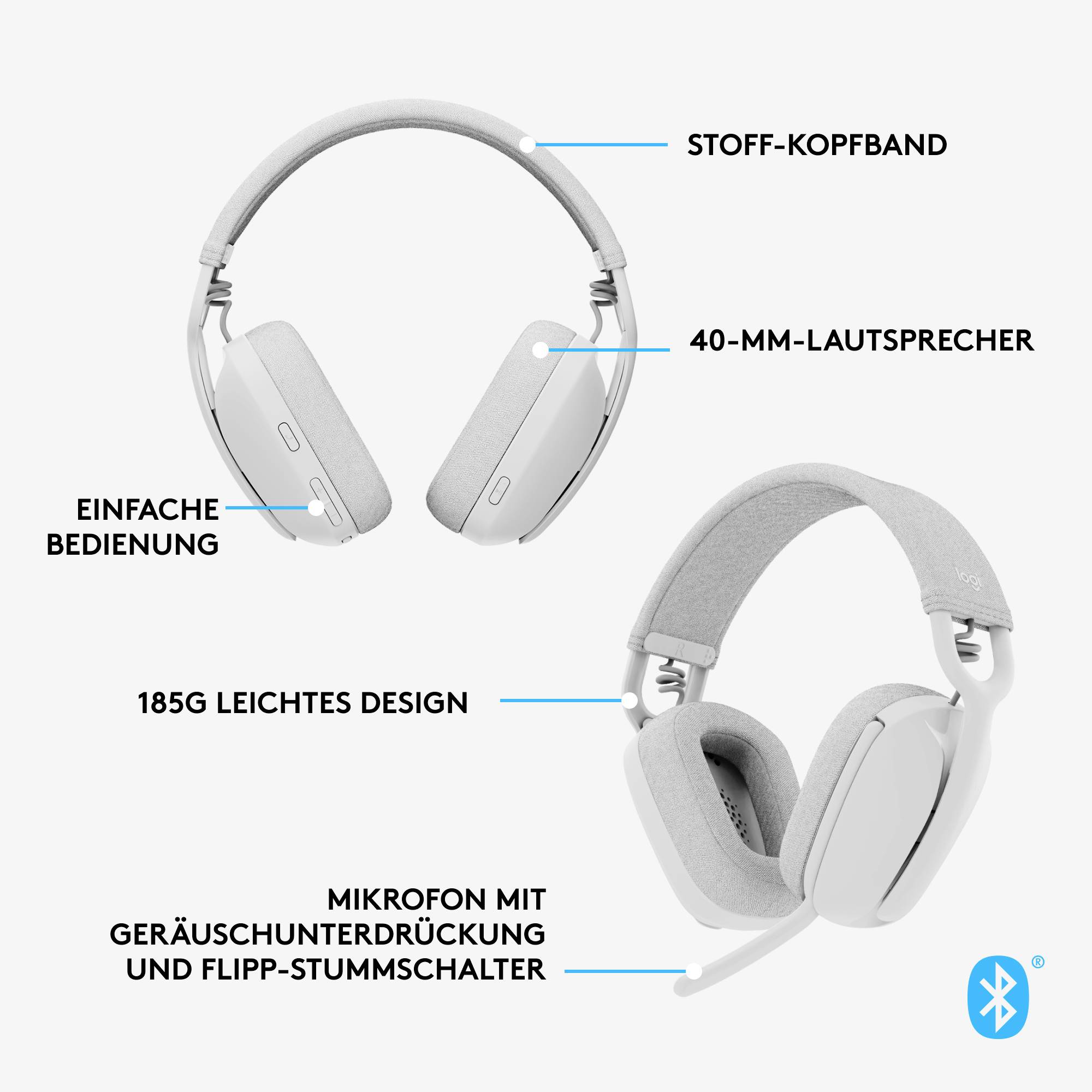 Slušalice s tekstilnom trakom za glavu, zvučnicima od 40 mm, jednostavnom upotrebom i mikrofonom s poništavanjem buke i tipkom za isključivanje zvuka. Bluetooth kompatibilne, lagane izvedbe.