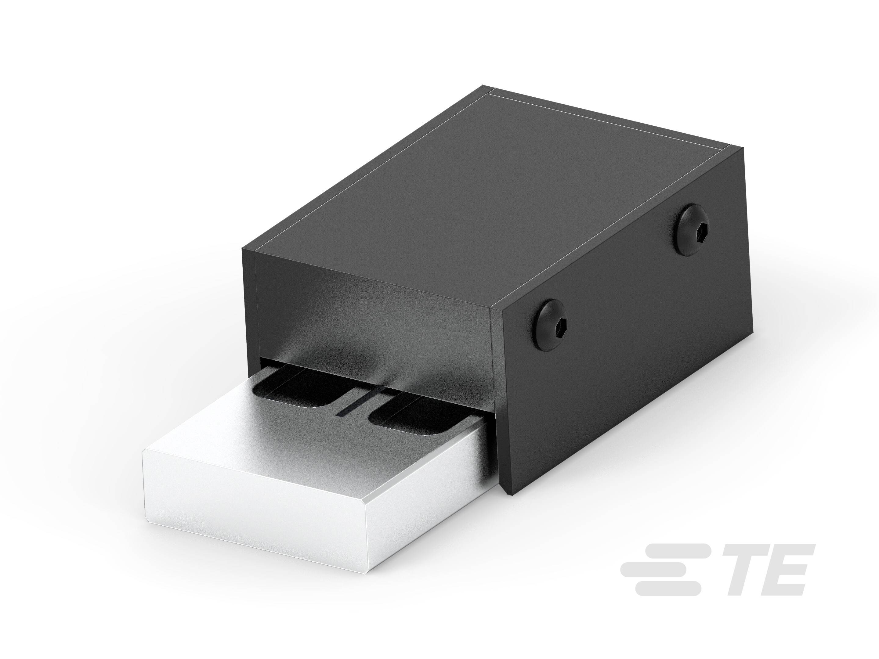 Crna, pravokutna kutija s USB utikačem, djelomično ugurana, pokazuje tehnički dizajn.