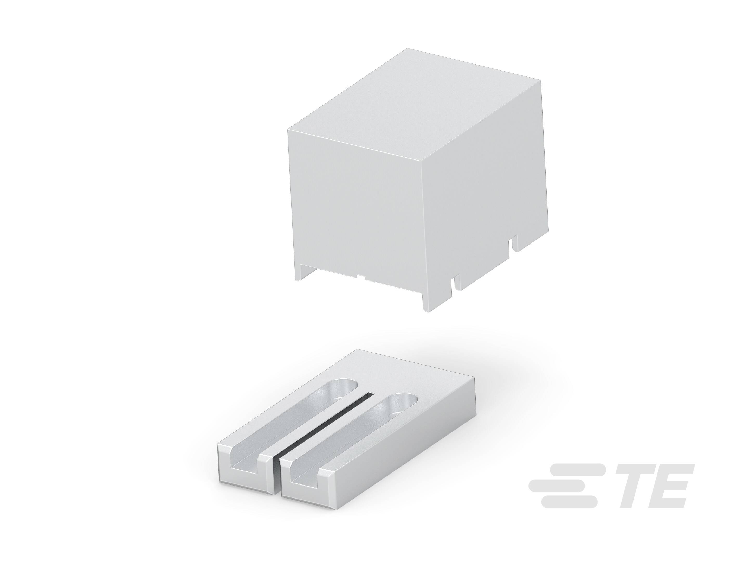 Metalni poklopac konektora tvrtke TE Connectivity, prikazan gornji i donji dio.