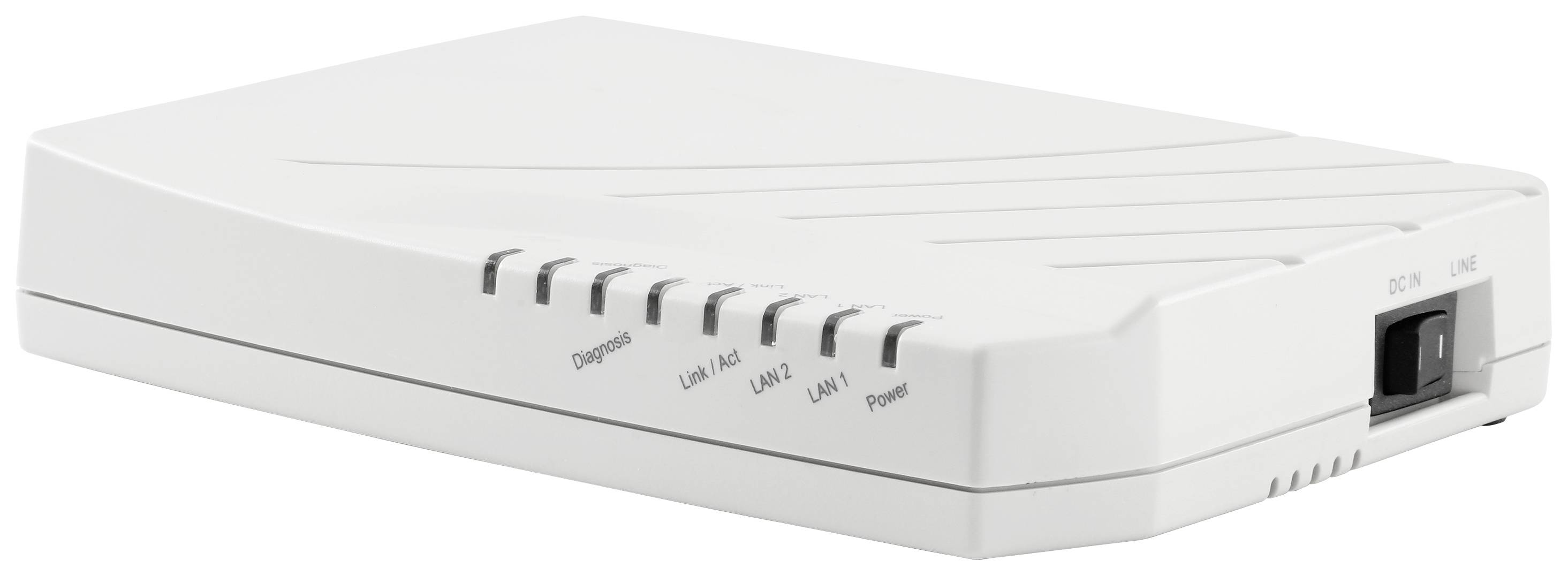 Bijeli DSL modem s nekoliko LED indikatorskih lampica na prednjoj strani i ulazom za mrežni kabel na stražnjoj strani.