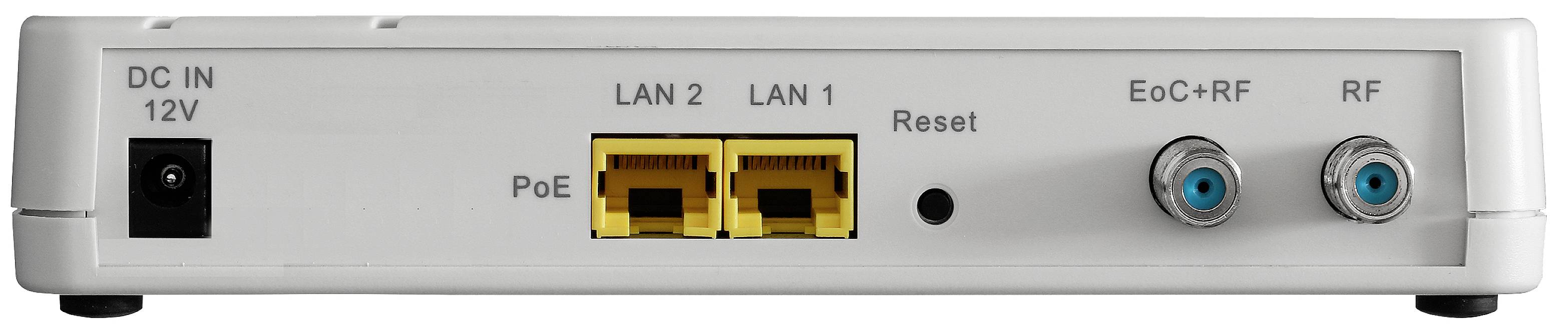 Stražnja strana mrežnog uređaja s priključcima: DC IN 12V, LAN 1 i 2, PoE, tipka za resetiranje, EoC+RF i RF priključci.